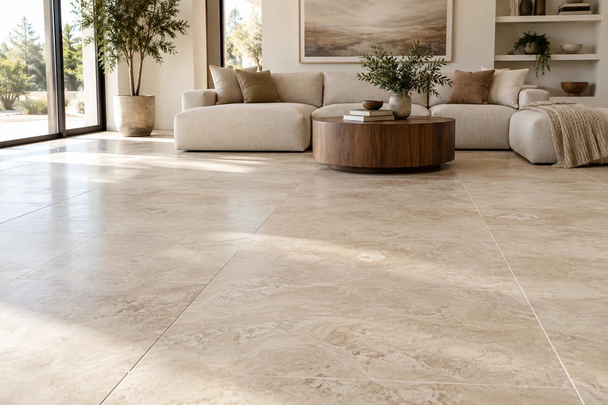 Spacious sunlit living room with oversized pale travertine-look porcelain floor tiles, a low linen sofa and round walnut table pushed toward back, floor largely exposed, elegant grout grid, no rug