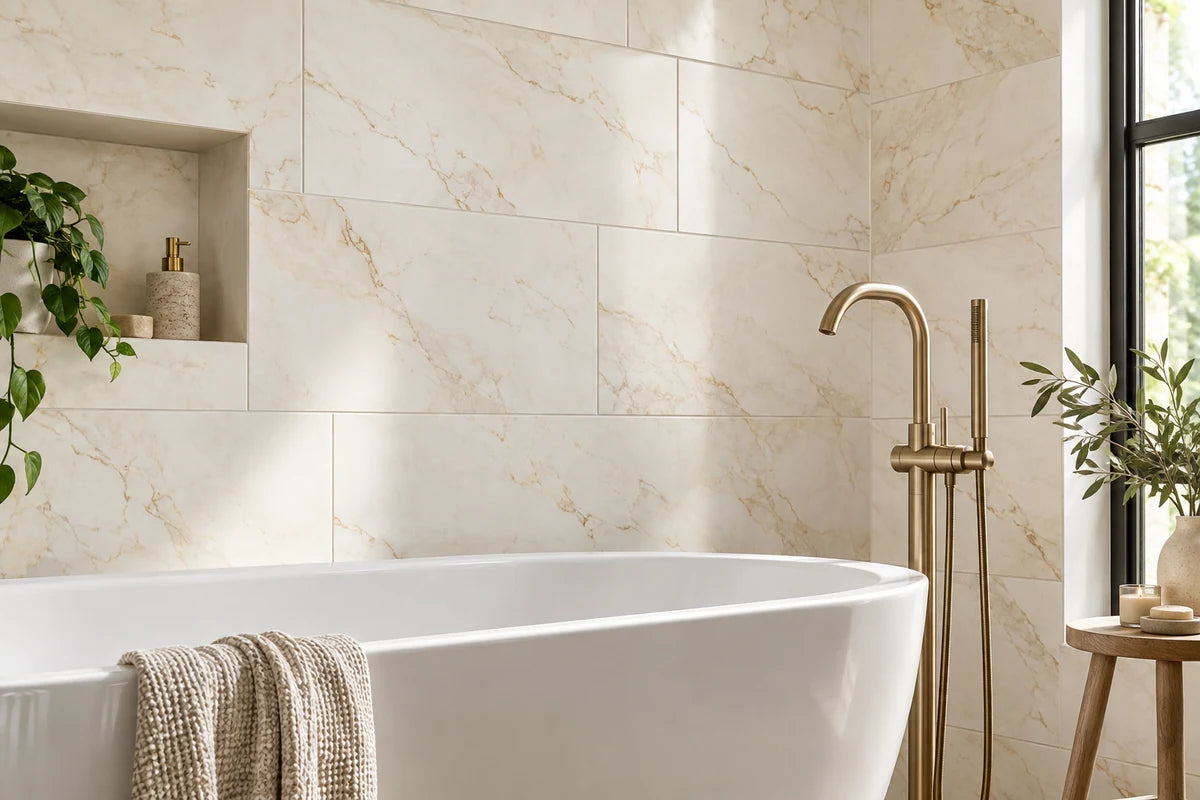 Cream marble-look rectangular tile with delicate warm gold veining lining a bathroom wall, close three-quarter view with a white freestanding tub edge low in frame, fine beige grout and natural light