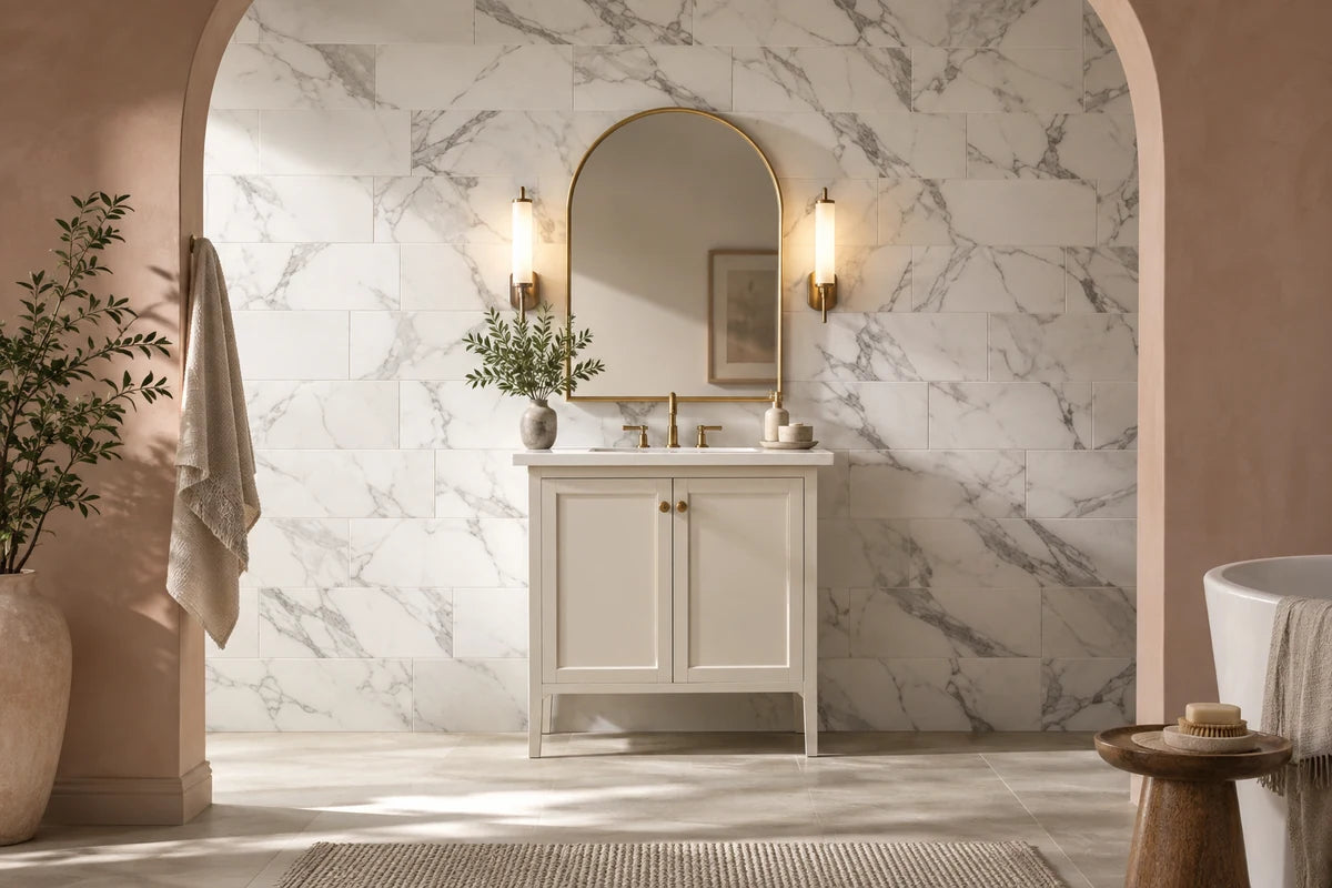 White marble-look tile accent wall with bold but elegant soft gray veining, framed by a blush plaster bathroom arch and a small freestanding cream vanity