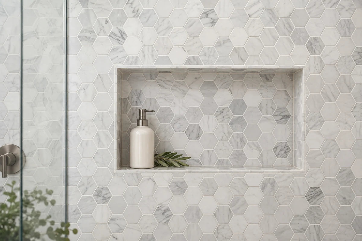 Elegant white and soft gray marble hexagon mosaic shower niche and surrounding mosaic wall, tiny crisp grout joints, subtle genuine stone veining, one simple ceramic bottle