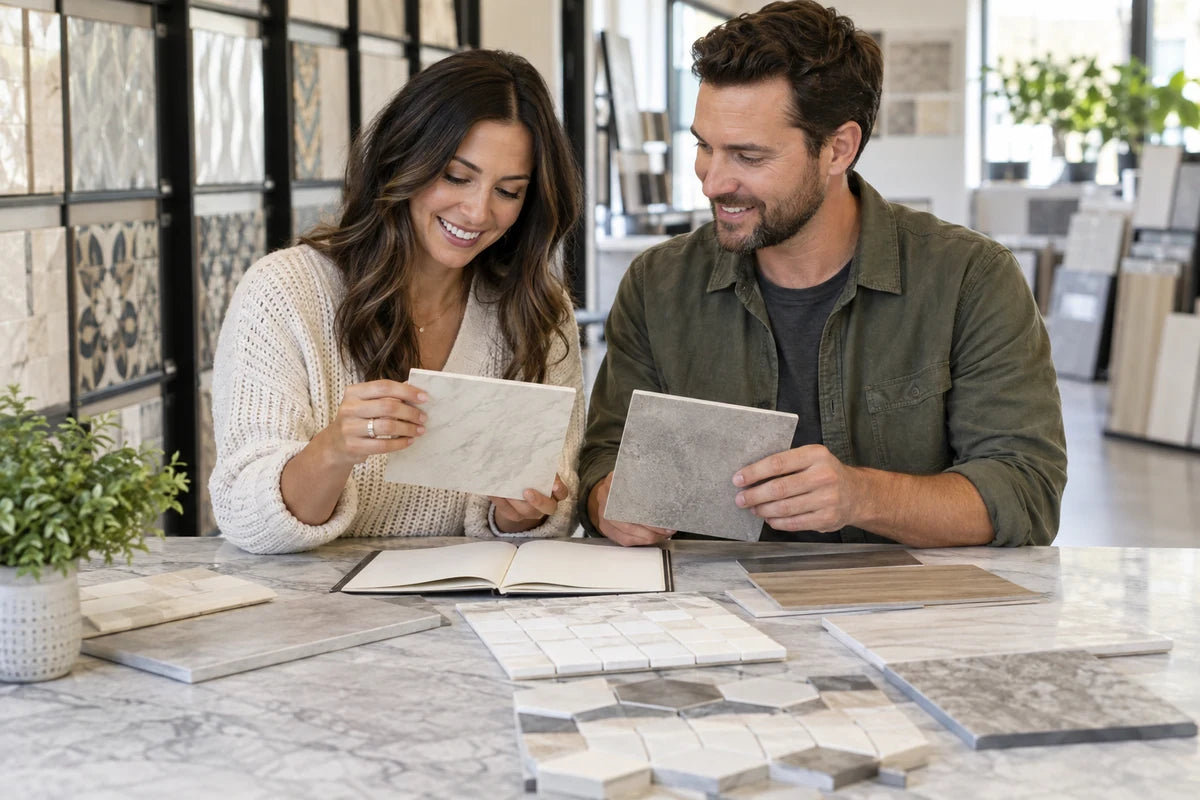 Two adults comparing porcelain and ceramic tile samples at a bright home improvement design table, open unlabelled notebook, samples prominently centered, friendly candid hands and faces, unbranded racks blurred behind