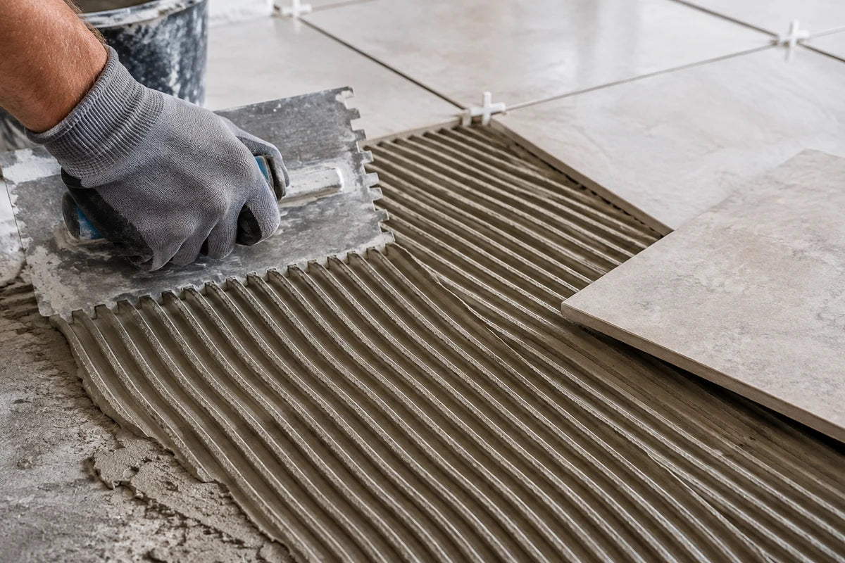 Close view of a gloved tiler's hand holding a notched trowel over freshly combed parallel thinset mortar ridges on a horizontal substrate, a loose ceramic tile beside the work, precise material detail, no power tools