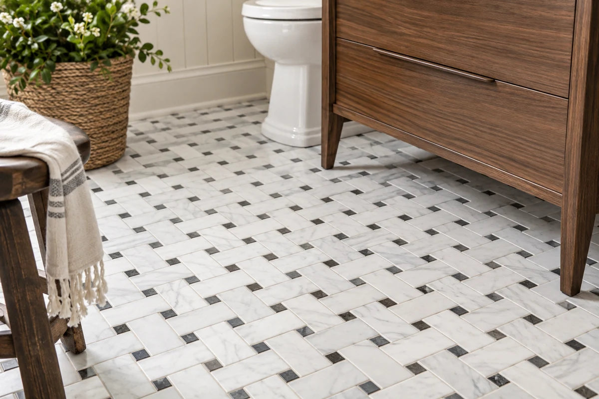 Beautiful small-scale white marble basketweave mosaic floor with charcoal square inserts in a powder room, low edge of a freestanding walnut vanity visible, tactile stone and clear neat grout
