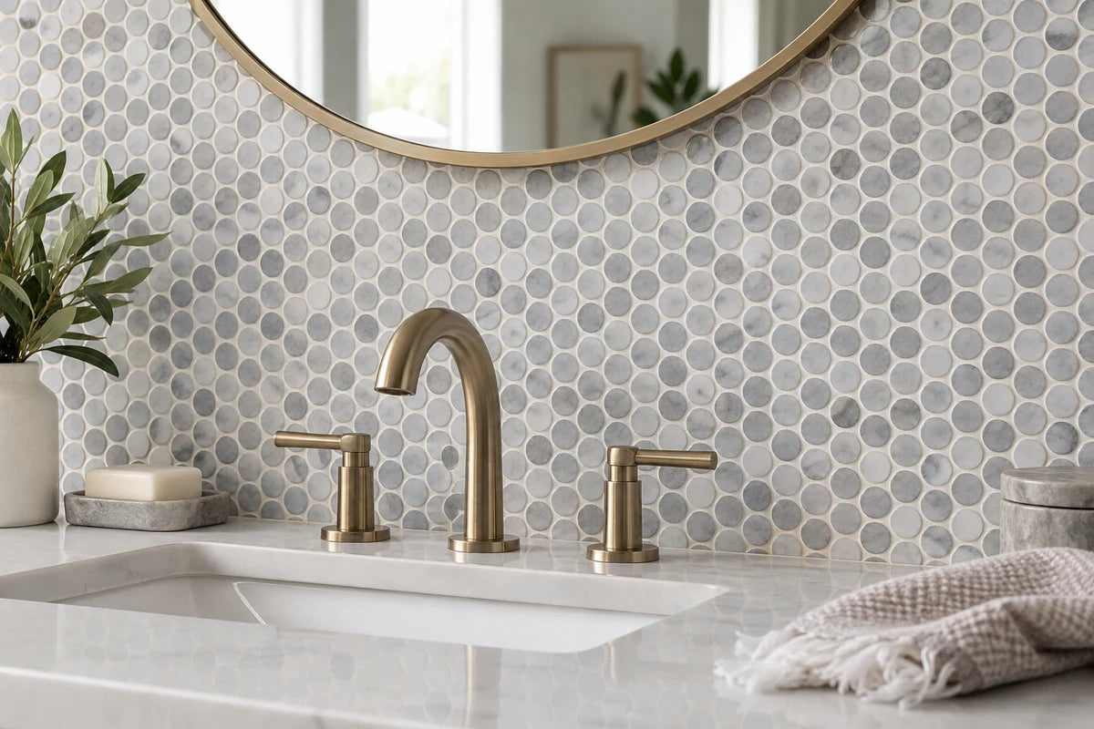 Close view of sophisticated gray-and-white marble penny-round mosaic tiles around a bathroom basin, precise circular forms and warm white grout, natural reflected light, minimal props