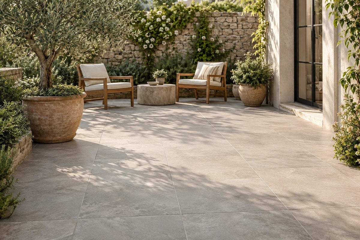 Refined garden courtyard with large warm gray outdoor porcelain pavers separated by consistent grout joints, olive tree in clay pot, two simple teak chairs, sunny morning, tile surface dominates
