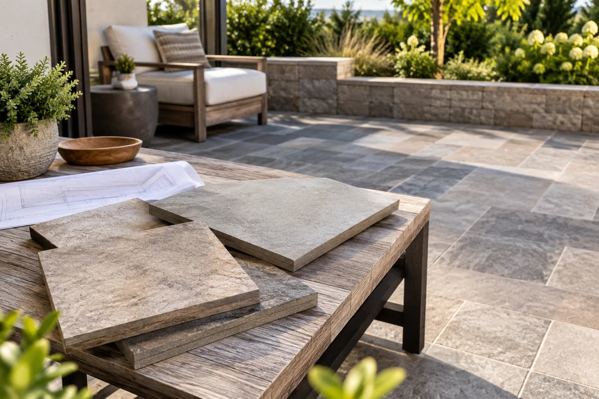 Patio planning scene with a few thick outdoor porcelain paver samples arranged on a low worktable overlooking a paved garden terrace, folded drawing without text, bright afternoon, focus on texture and edges