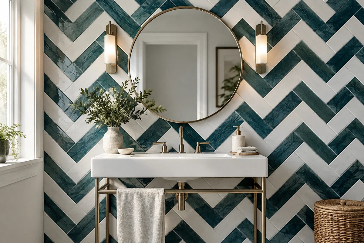 Deep teal and soft white elongated herringbone tile feature wall behind a simple white console basin, precise interlocking rectangles, soft side daylight
