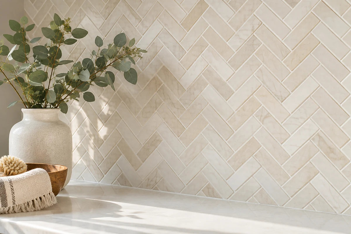 Close interior photograph of warm ivory herringbone mosaic backsplash in a bright utility nook, a narrow white counter edge and eucalyptus vase, directional natural light shows precise repeating pattern