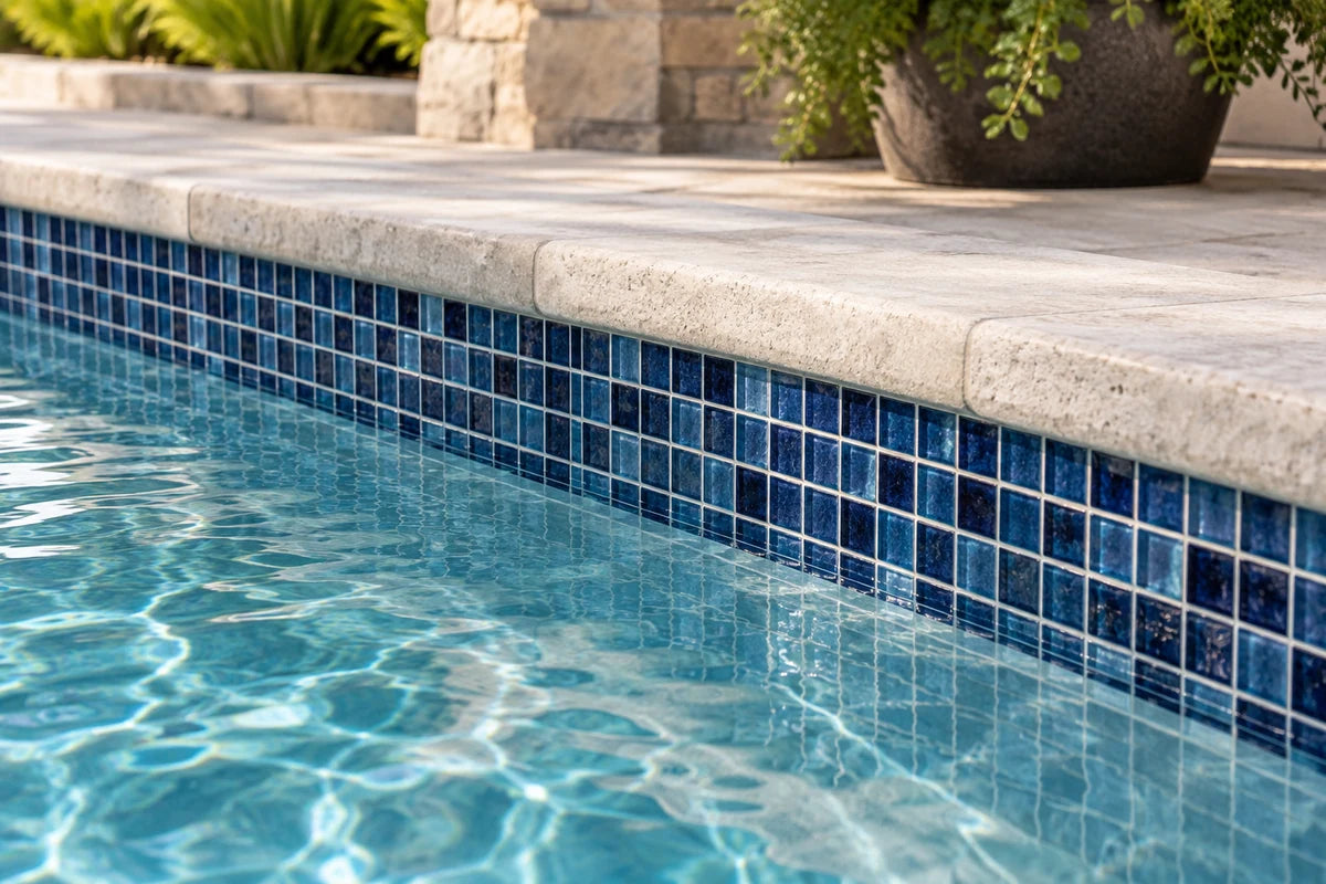 Detail of a serene pool waterline clad in deep blue small square glass mosaics, bright clean grout, pale stone coping and gentle clear water reflections, no people, architectural photography