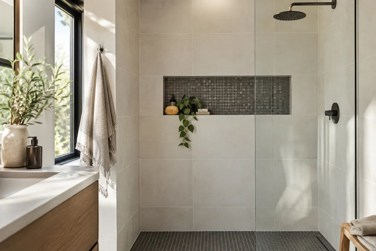 Contemporary bathroom with large matte ivory porcelain wall tiles, a charcoal mosaic niche and fine aligned grout joints, frameless shower glass at edge, natural linen towel, daylight