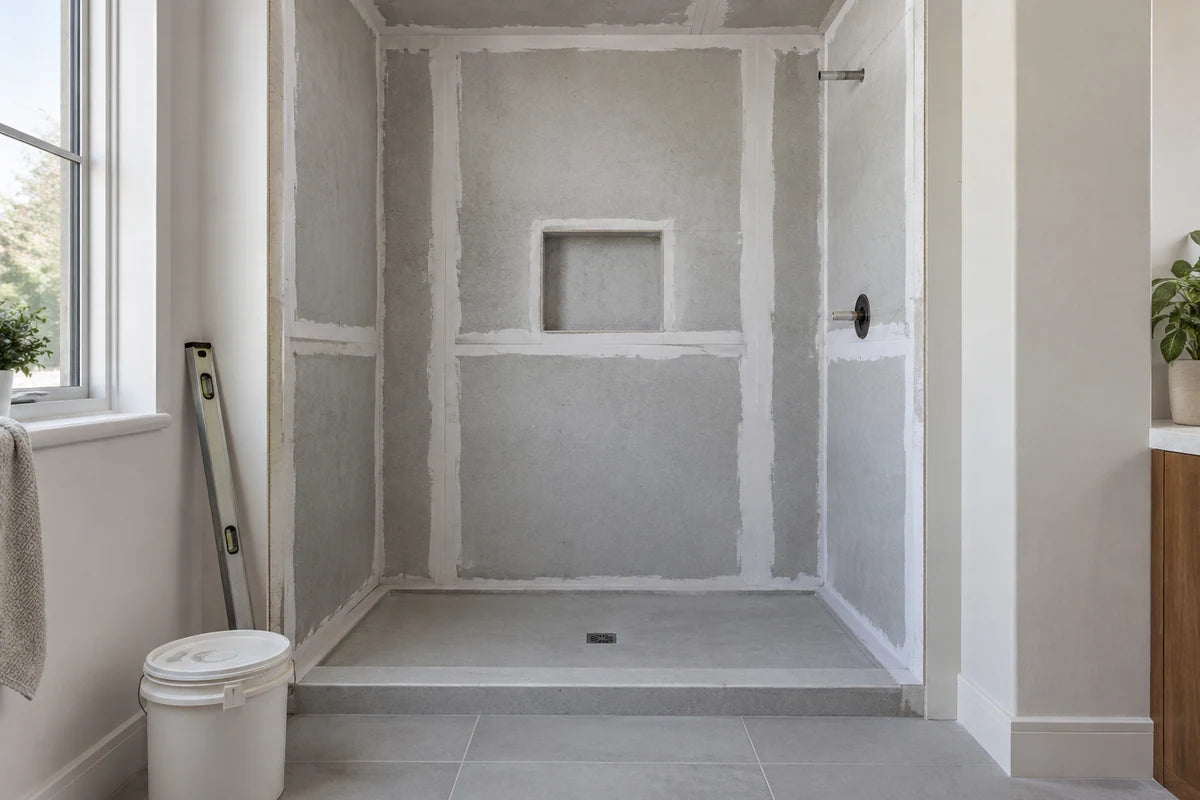 A clean shower alcove under preparation with cement backer boards, neatly sealed waterproofed seams and a straight metal level leaning safely at side, unopened plain material bucket, no worker, no finished tile