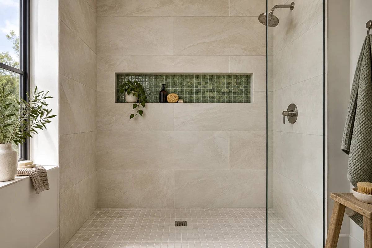 Walk-in shower with oversized 24-by-48-inch pale limestone-look wall tiles and a rich green mosaic niche, straight thin grout lines, brushed nickel showerhead, small-scale slip-resistant floor mosaic, clear glass edge