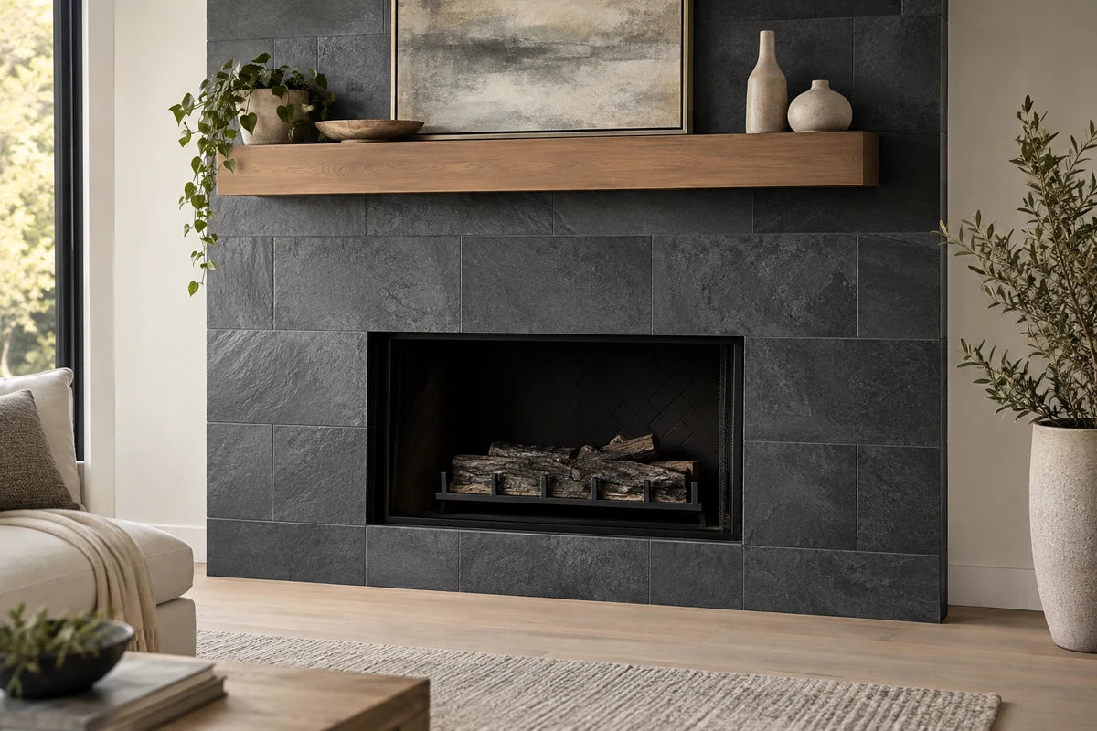 Charcoal slate-look textured rectangular tiles across a modern fireplace wall, tonal grout, an unlit firebox edge and pale oak floor visible