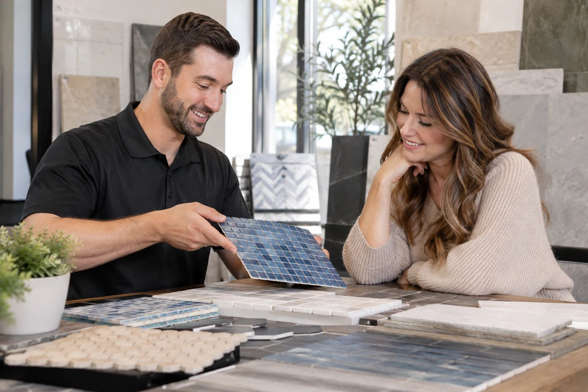 Friendly store associate and homeowner discussing a blue mosaic sample at a home improvement showroom table, tile samples occupy foreground, modest modern setting, natural candid faces, no logos or signs