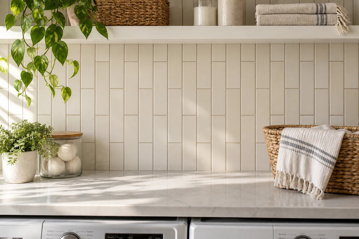 Cream elongated subway tile installed in a vertical running-bond layout across a laundry backsplash, soft taupe grout, partial white shelf and folded linen towel, tactile afternoon light, no cabinets