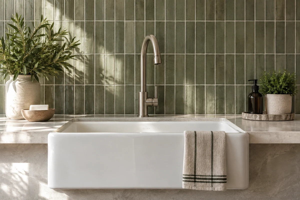 Vertical stacked slender olive-green subway tile behind a white farmhouse utility sink, brushed nickel faucet, softly reflected window light, precise grout