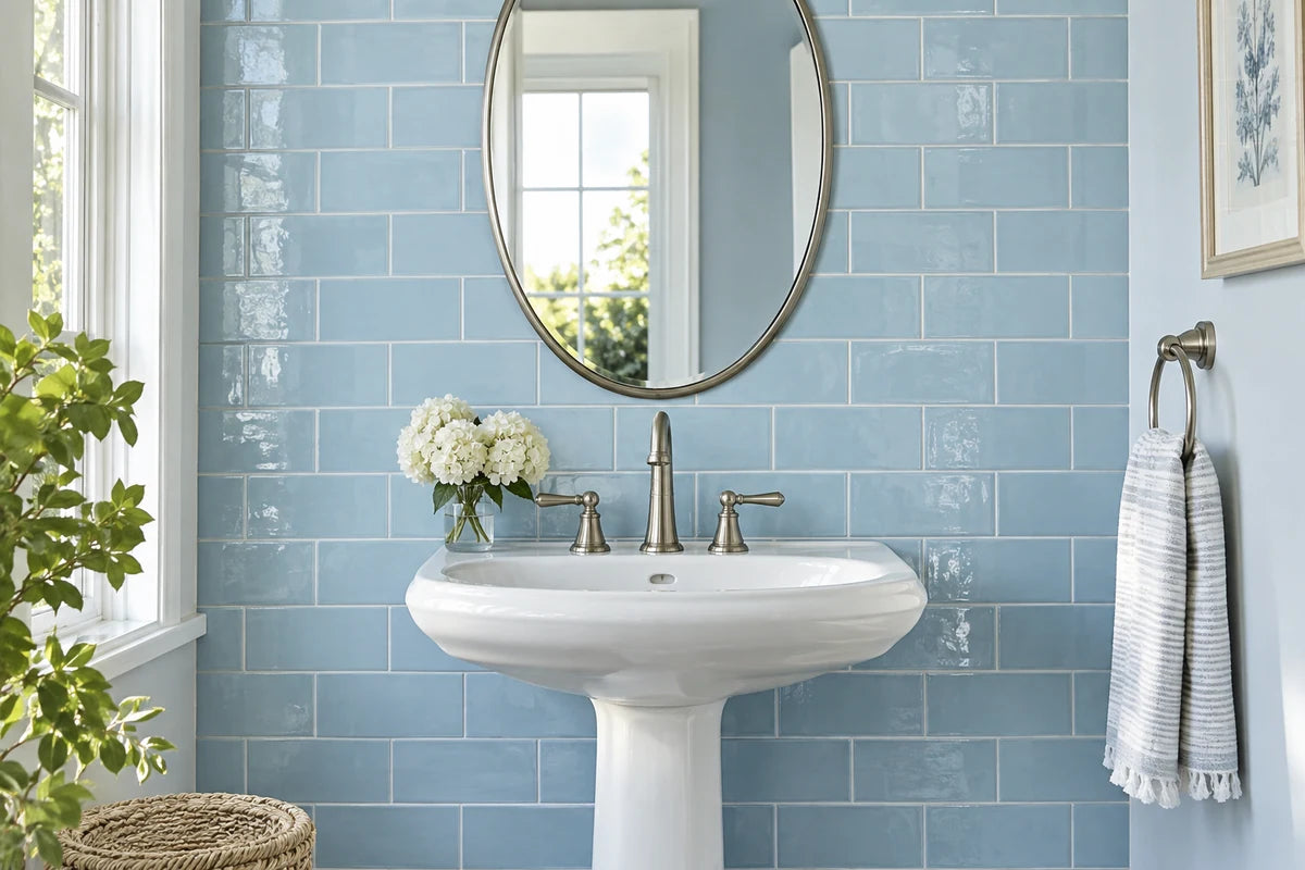 Powder-room detail with glossy pale sky-blue subway tile in a running-bond layout behind a white pedestal basin, nickel faucet, slim oval mirror