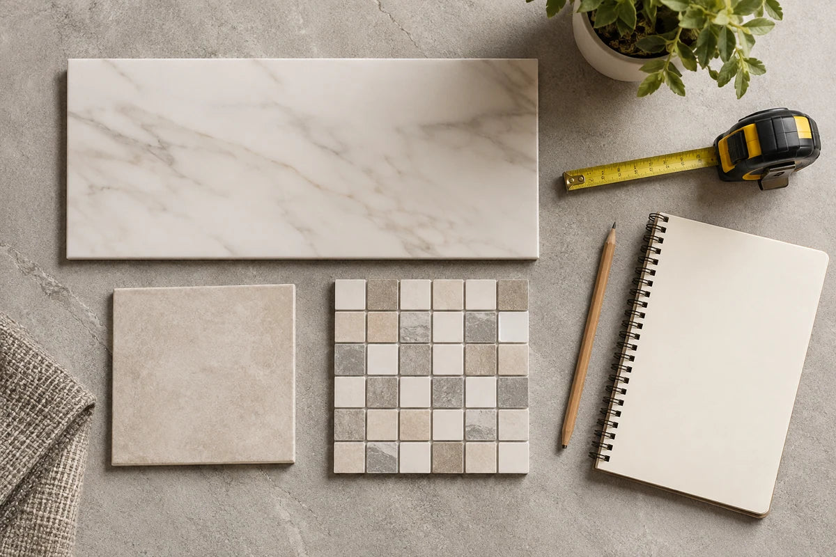 Overhead tile planning tabletop with porcelain rectangle, ceramic square and small mosaic sample, tape measure, pencil and blank notebook, warm light gray surface, material choices clearly distinct, no labels