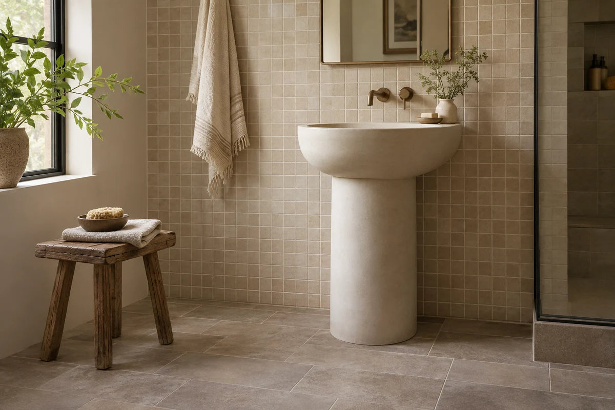 Sculptural bathroom corner combining sand-colored small square wall tile with slightly darker rectangular floor tile and a pale curved pedestal sink, subtly tonal grout, calm warm daylight, layers of texture