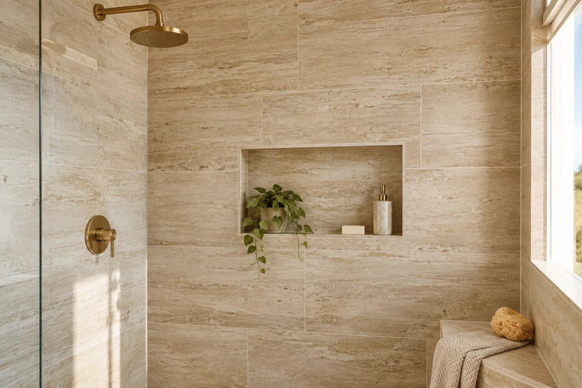 Warm travertine-look porcelain tile shower wall with linear horizontal mineral movement, subtle pits reproduced in glaze, rectangular recessed niche, champagne shower trim