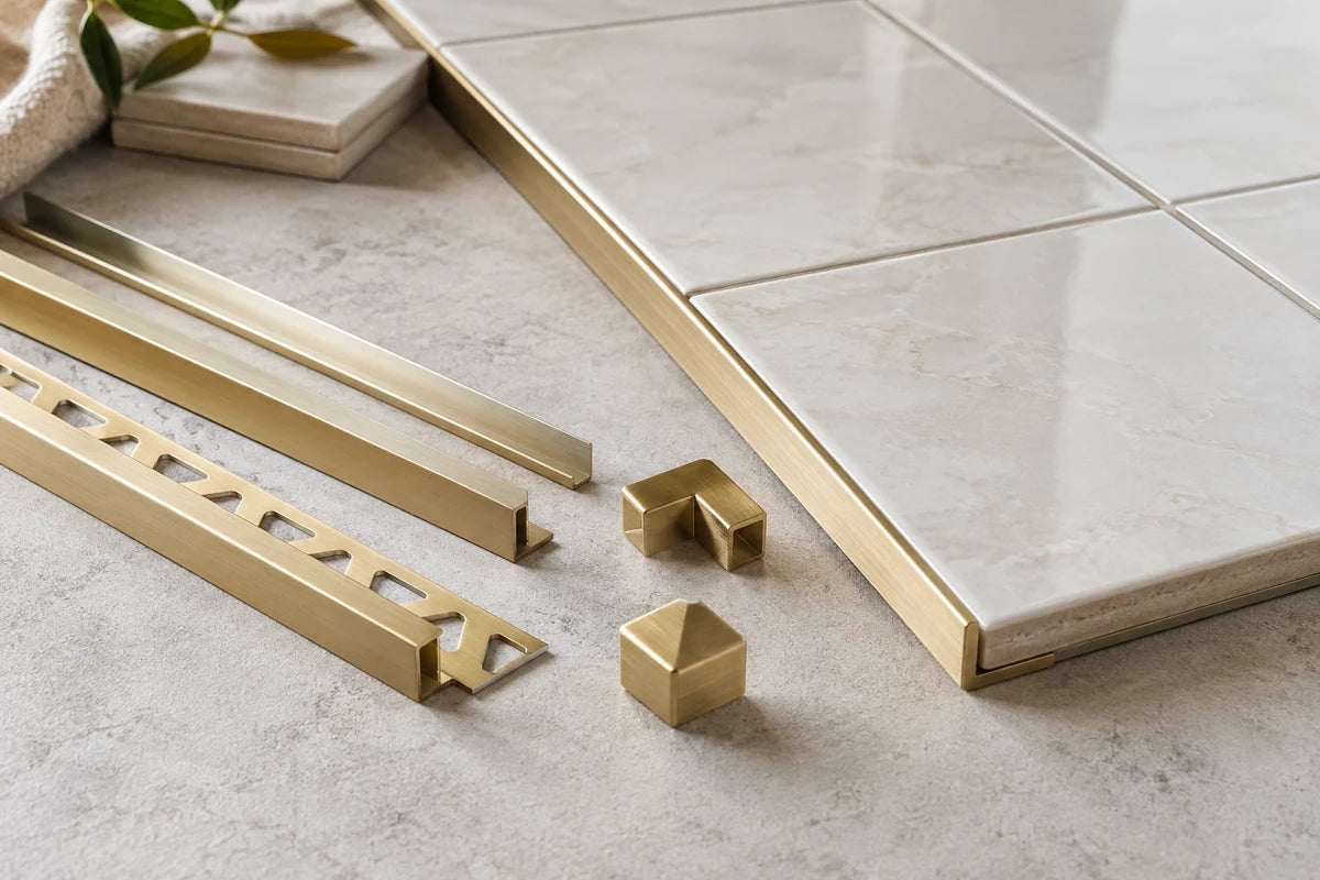 Satin brass tile edging profiles and matching corner pieces neatly arranged beside ivory ceramic tiles on a neutral workbench, accurate straight metal geometry, crisp product-material editorial, no branding