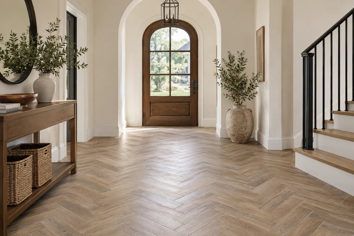 Oak-look porcelain plank tile laid in herringbone across a light-filled entry floor, visible fine warm gray grout distinguishes tile, off-white walls and arched doorway, one ceramic floor vase, no rugs