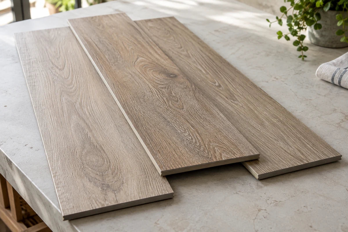 Detailed oblique photograph of three oak-look porcelain tile planks laid out on a pale workbench with one end showing ceramic body thickness, convincing woodgrain glaze and slight tonal variation, no actual lumber or labels