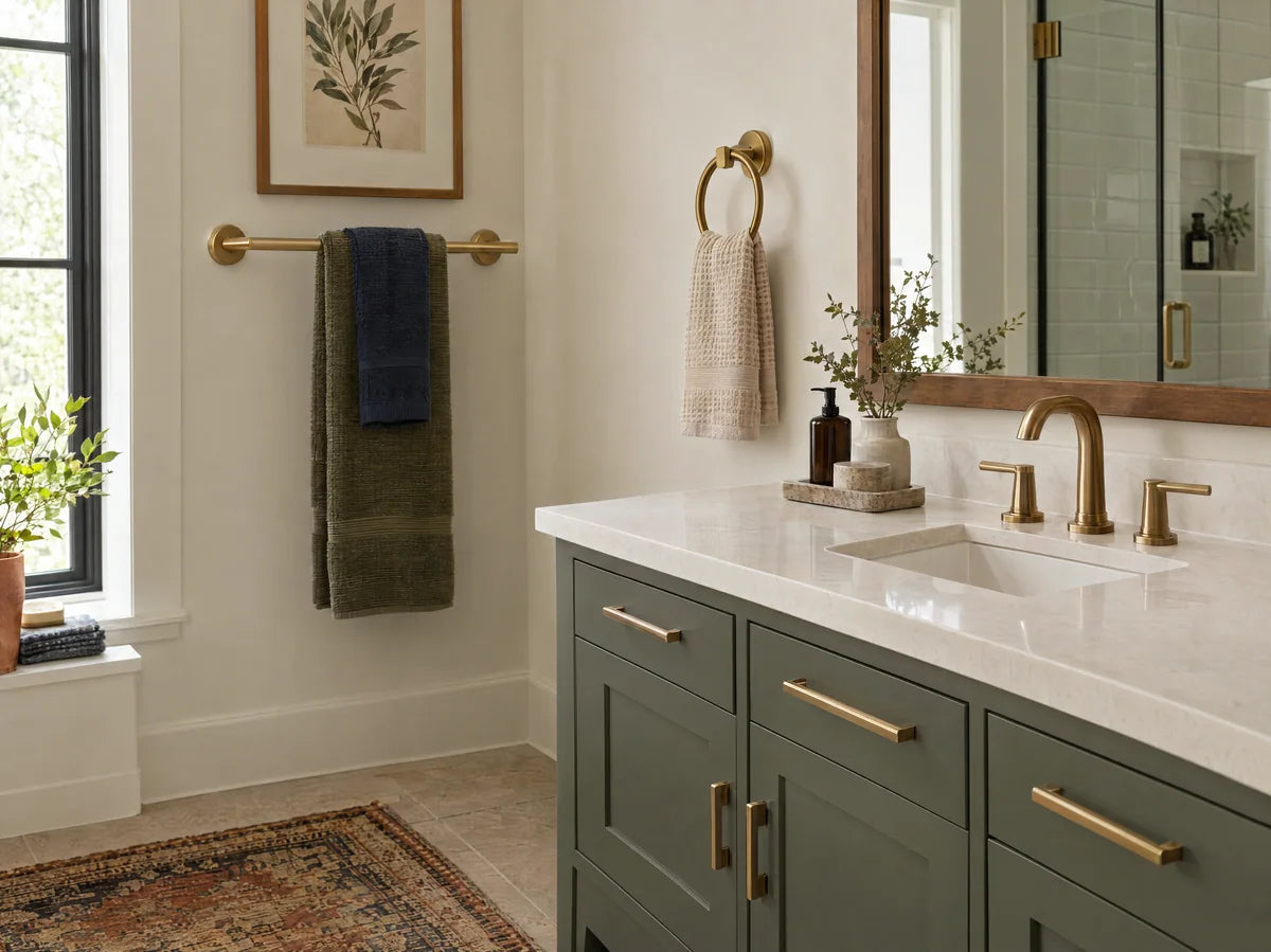 Coordinated brushed brass towel bar, hand-towel ring and cabinet pulls in a refined neutral bathroom detail, crisp product-focused photography.