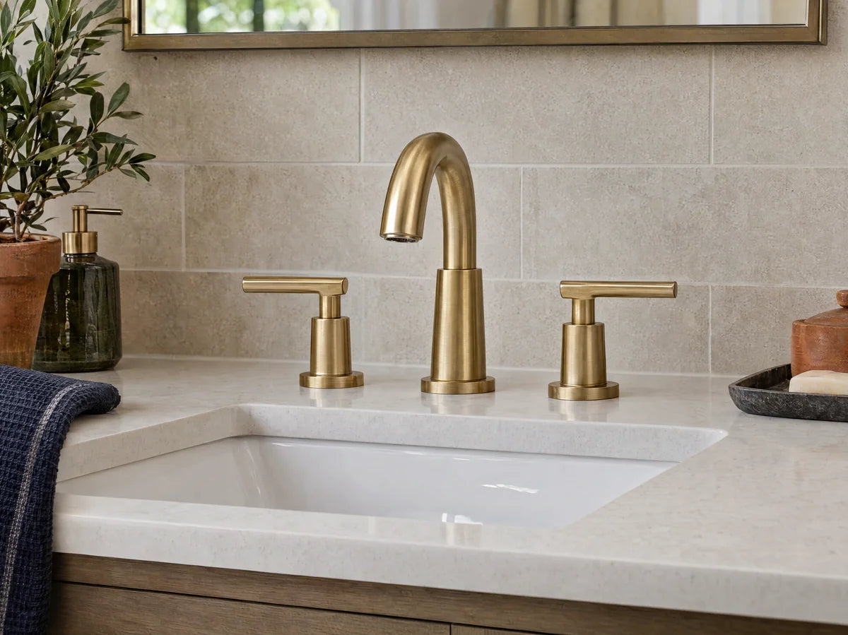 Beautiful close-up of brushed brass widespread bathroom faucet with two separate matching handles installed beside a white undermount basin, precise functional spout geometry, neutral tile background.