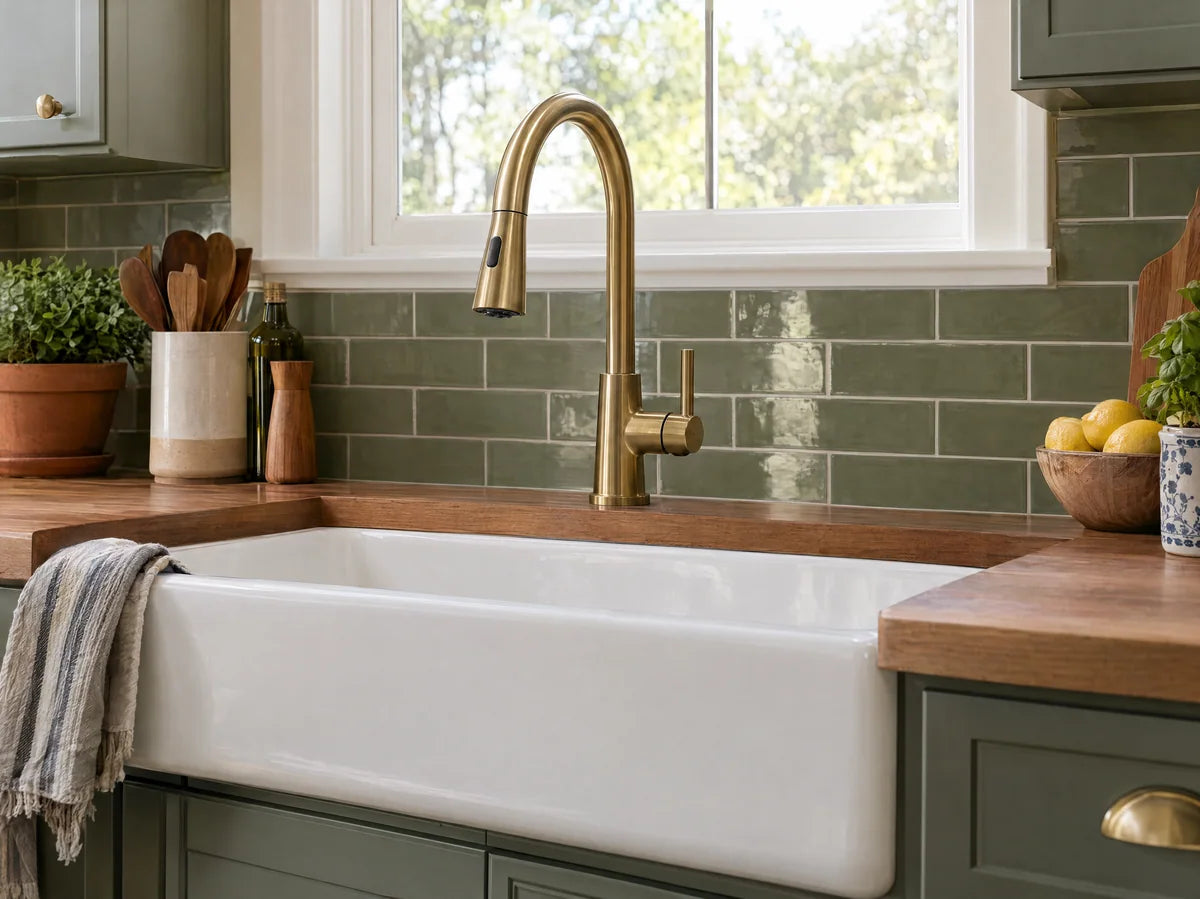 Close-up of a sleek brushed brass high-arc kitchen pull-down faucet over a white farmhouse sink, soft green tile backsplash, technically plausible hardware.