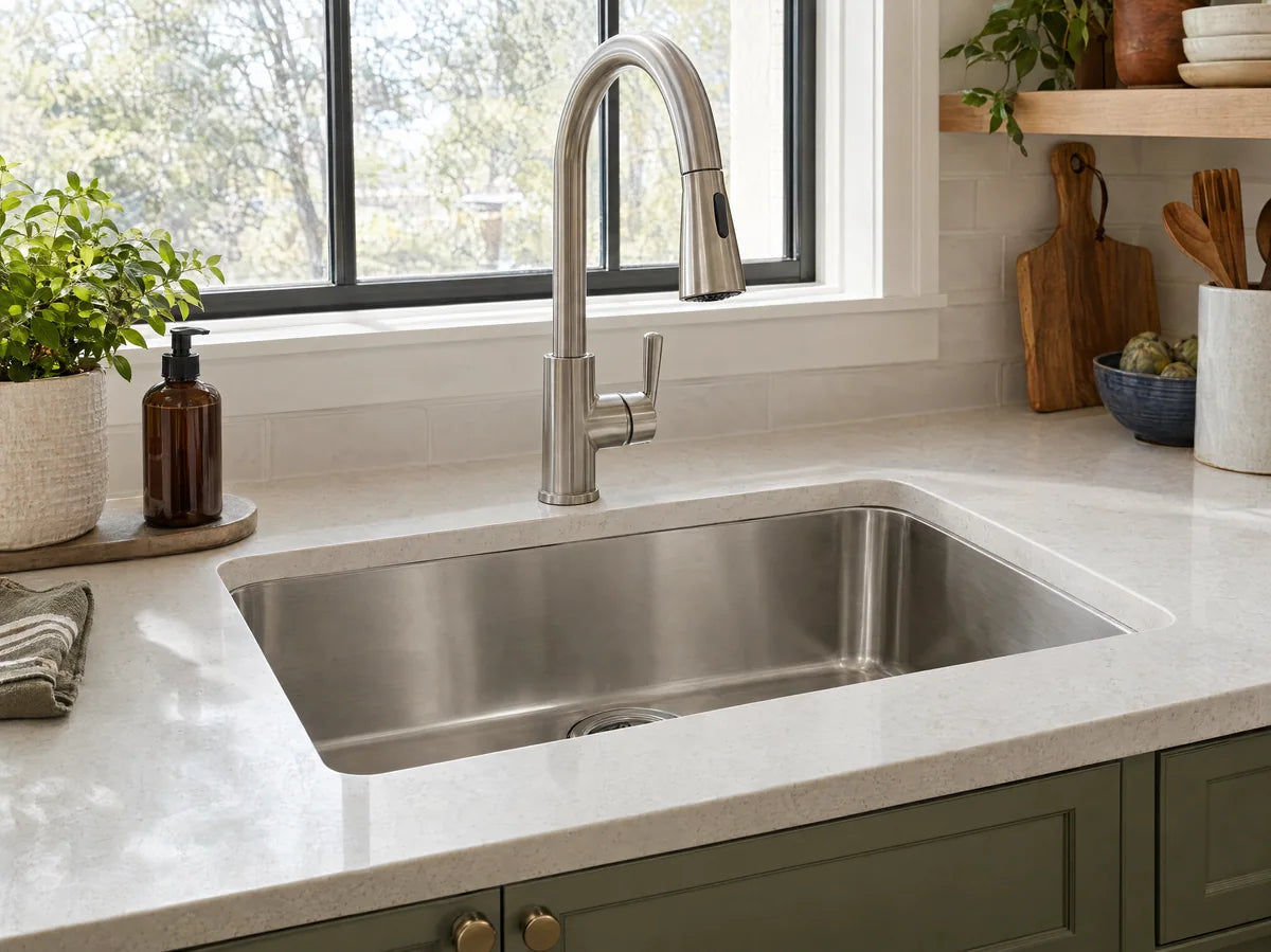 Stainless steel single-bowl undermount kitchen sink with a functional drain and brushed nickel pull-down faucet in a pale quartz worktop, clean side-lit detail.