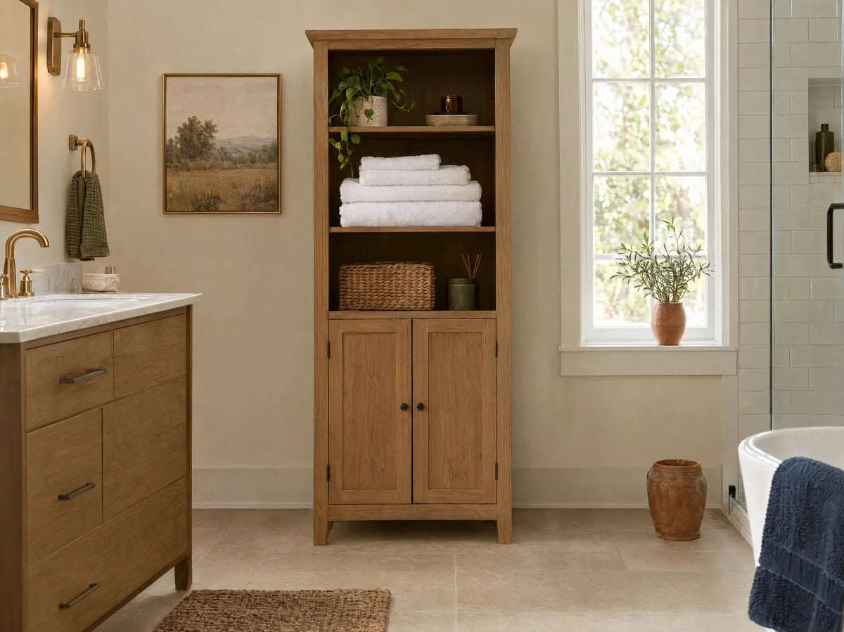 Tall oak bathroom linen storage cabinet with neat folded white towels on an open shelf and closed lower doors, warm bathroom setting and practical scale.