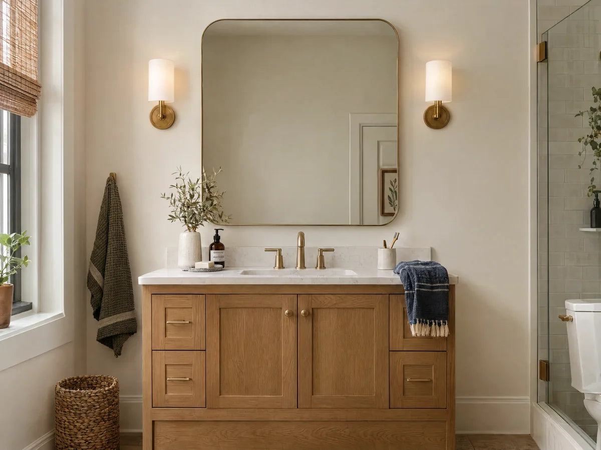 Elegant framed rounded-rectangle bathroom mirror above an oak vanity, soft indirect light and credible reflection of a plain bathroom wall, mirror prominently centered.