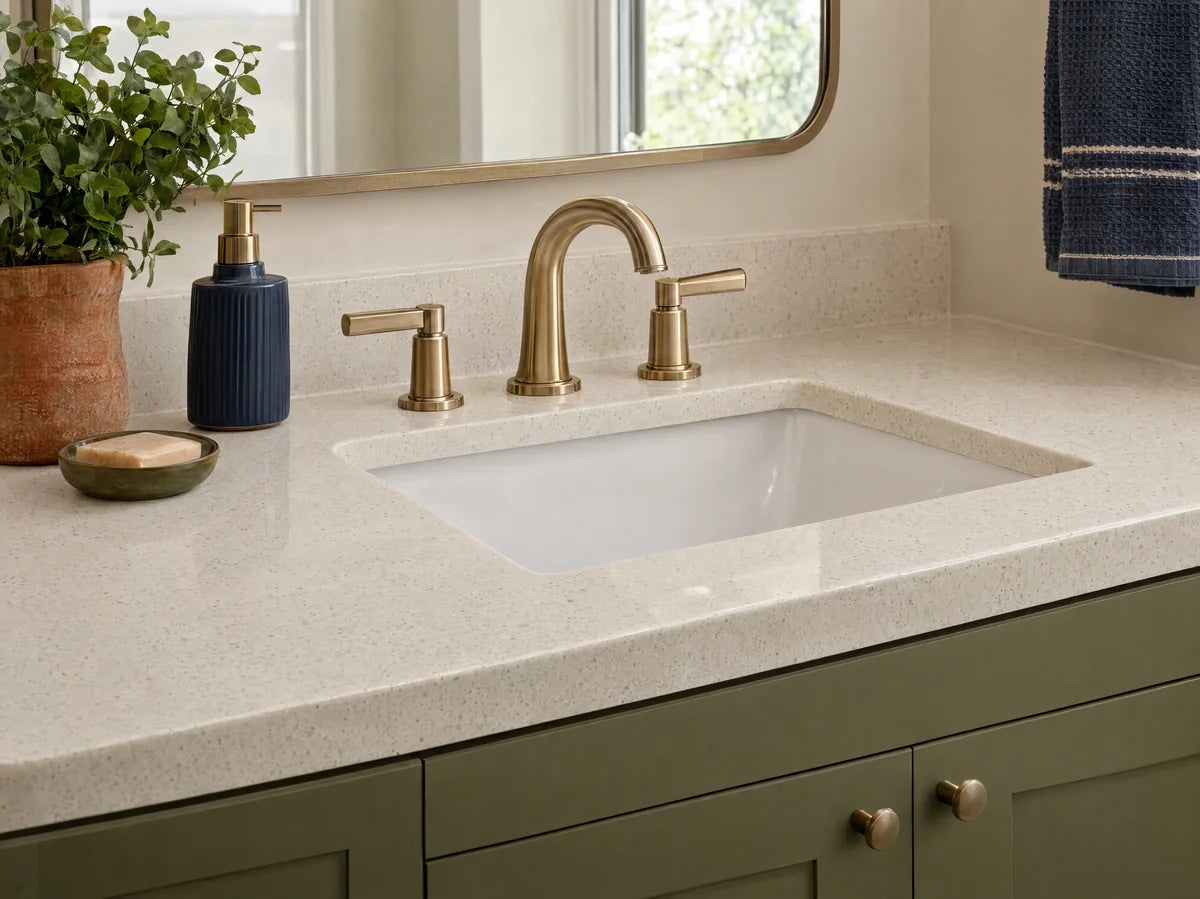 Macro-interior photograph of cream quartz vanity countertop with fine subtle mineral speckling and clean eased edge beside an undermount sink, neutral color accurate daylight.