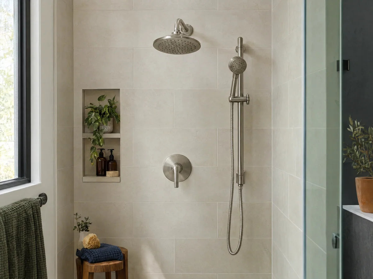 Brushed nickel shower head and matching control valve installed on ivory tile wall, coordinated handheld shower on a rail, logical plumbing fixture positions.