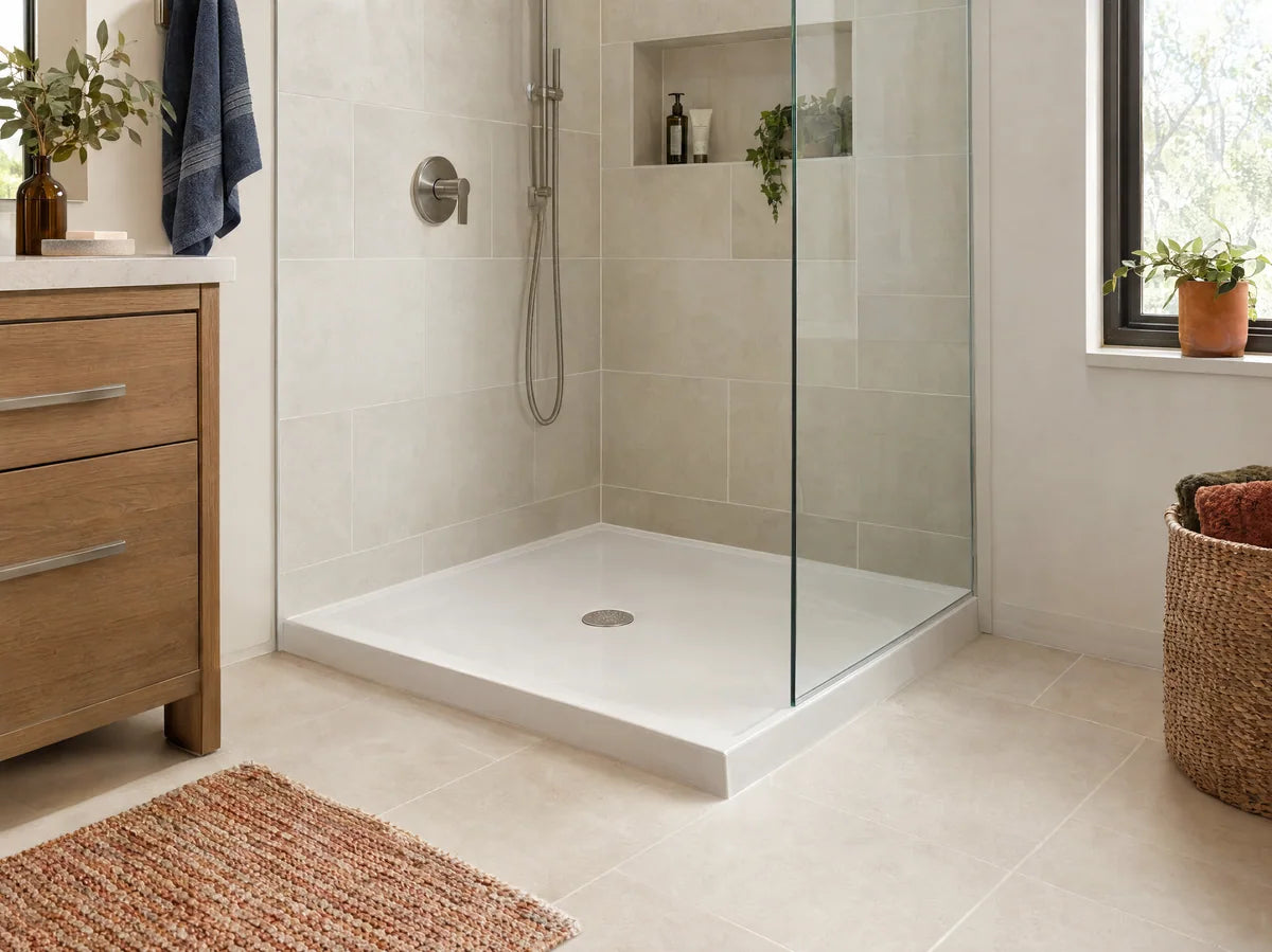 White low-profile rectangular shower tray with a visible integrated drain and glass screen edge, light tile bathroom, unobstructed base and realistic slope.