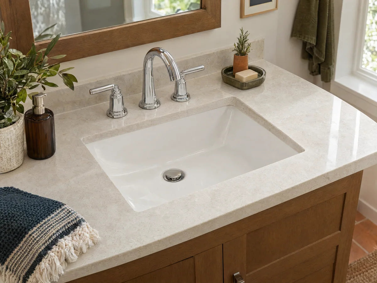 White undermount rectangular bathroom sink set into a pale stone top with a polished chrome faucet, overhead three-quarter detailed photograph.