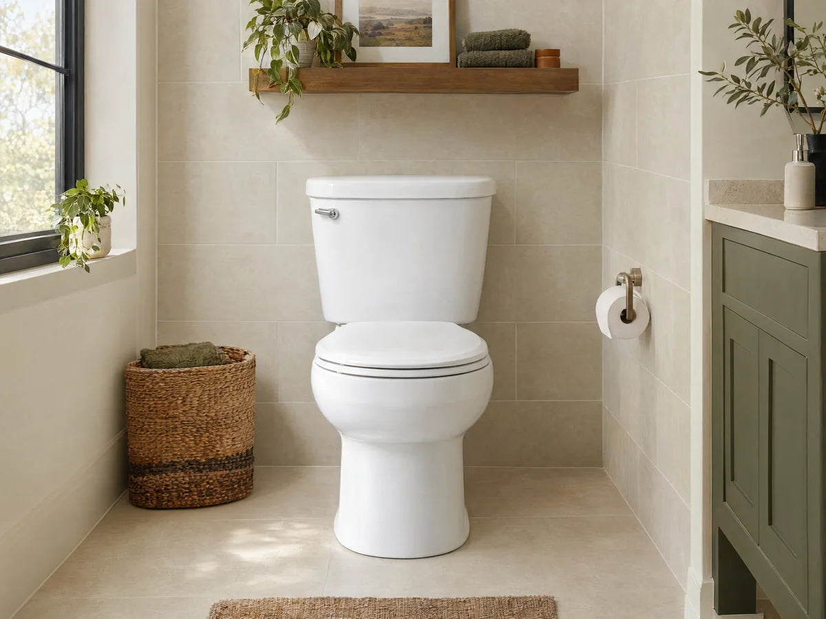 Clean modern white two-piece toilet in a refined pale-tile bathroom nook, believable plumbing geometry and proportions, unobstructed full fixture.