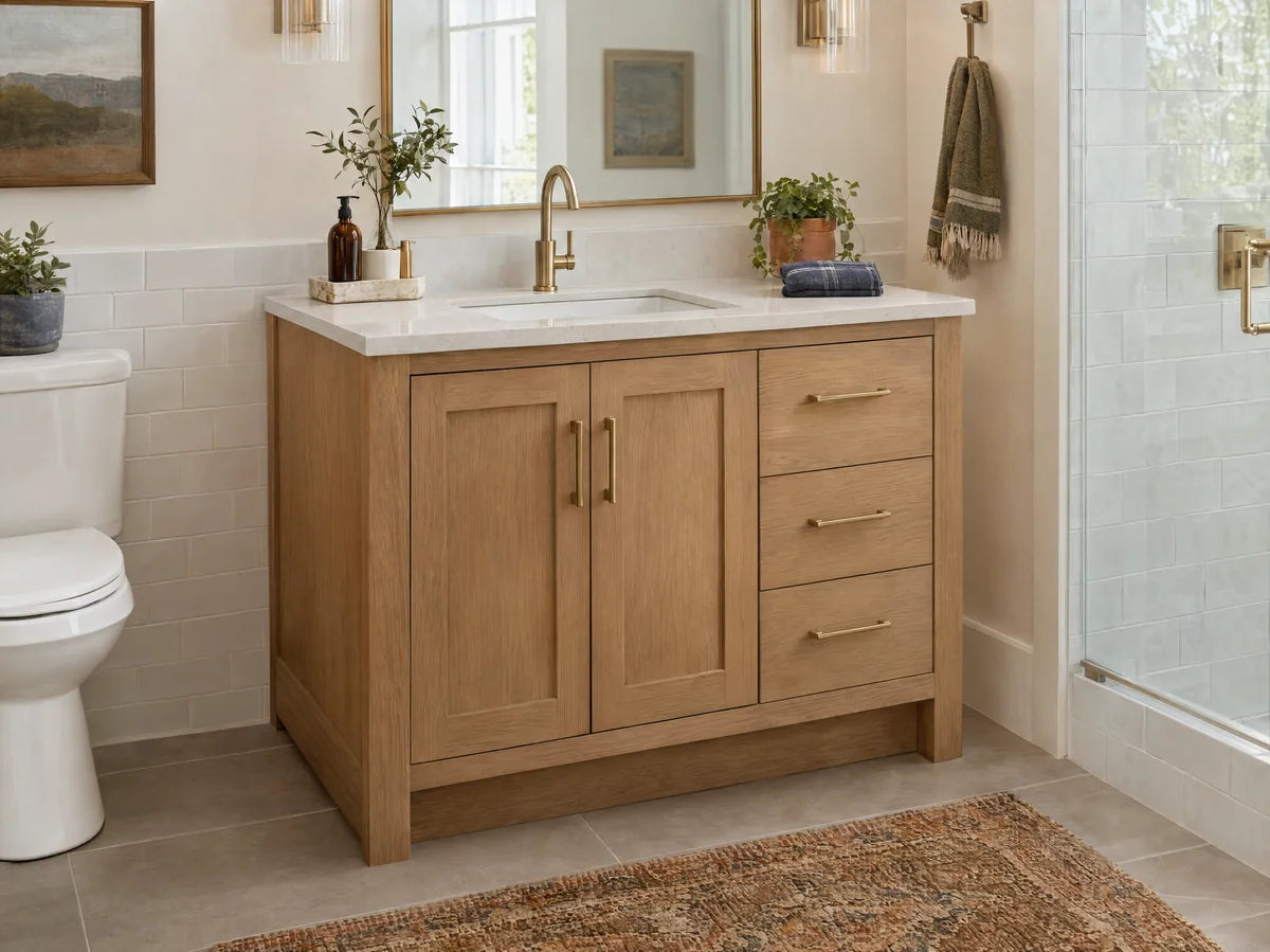 Attainable oak bathroom vanity with one white undermount sink, pale quartz top and brushed brass hardware, clean tiled bathroom, three-quarter image showing cabinet storage.