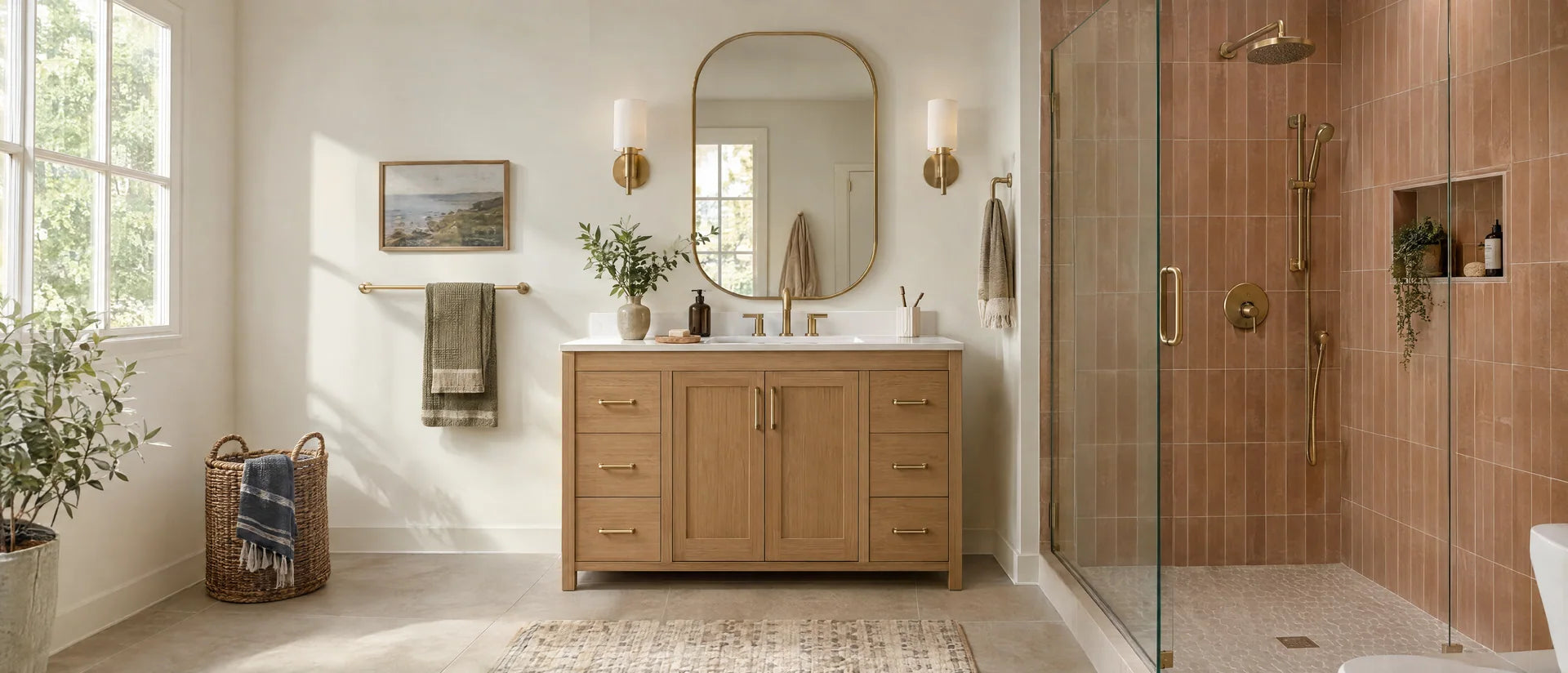 Fresh coordinated bathroom with oak vanity, white sink, brushed brass faucet, pill-shaped mirror, elegant shower fixtures and muted clay accent tile