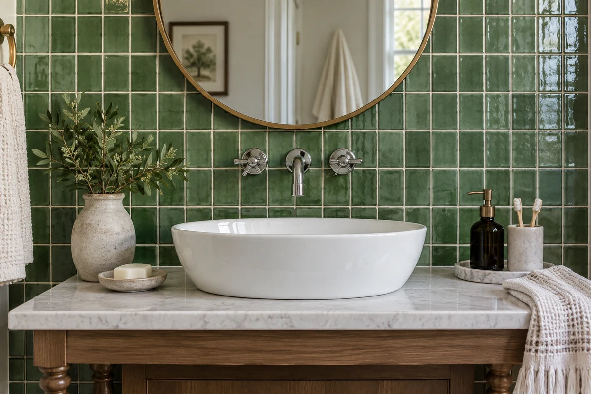 Jade green tile backsplash with chrome bathroom faucet.