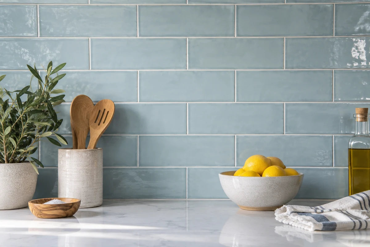 Pale blue backsplash tiles with neat soft gray grout.