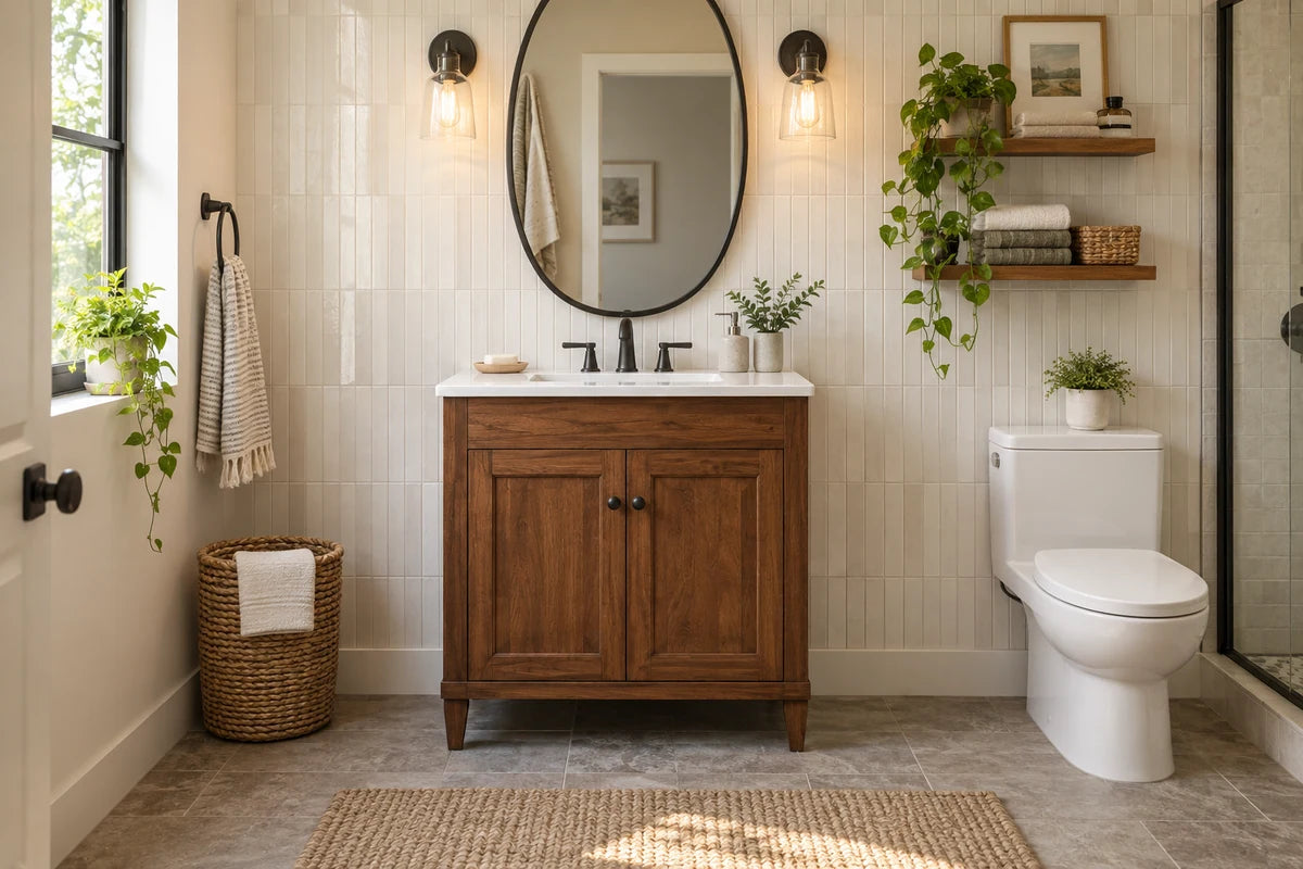 Warm wood freestanding vanity with stacked white bathroom tile.