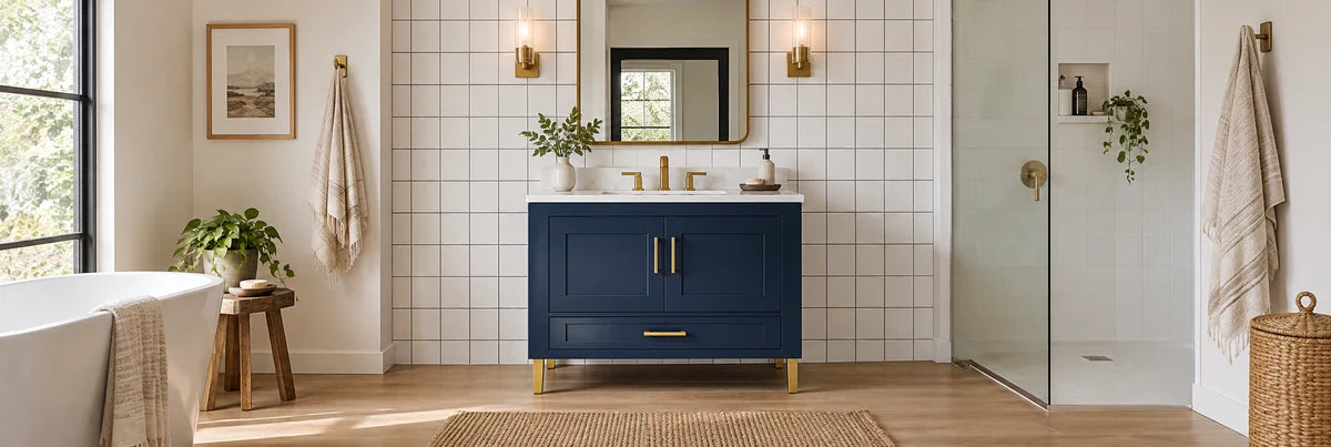 Freestanding navy vanity with brass hardware and tiled backdrop.