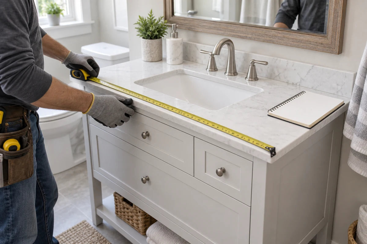 Measuring a bathroom vanity countertop before installation.