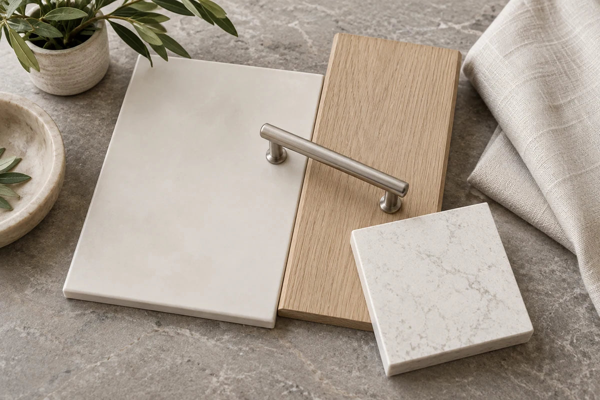 Coordinating tile, wood, quartz and nickel hardware samples.
