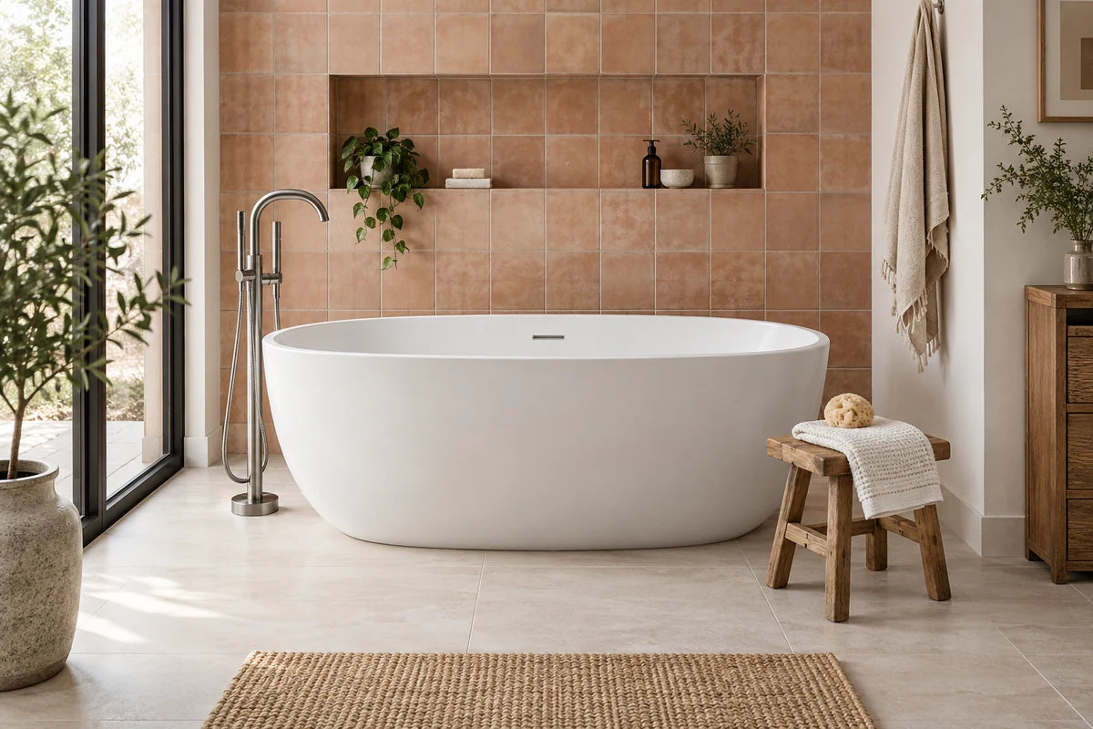 White freestanding bathtub with nickel filler and terracotta tile.