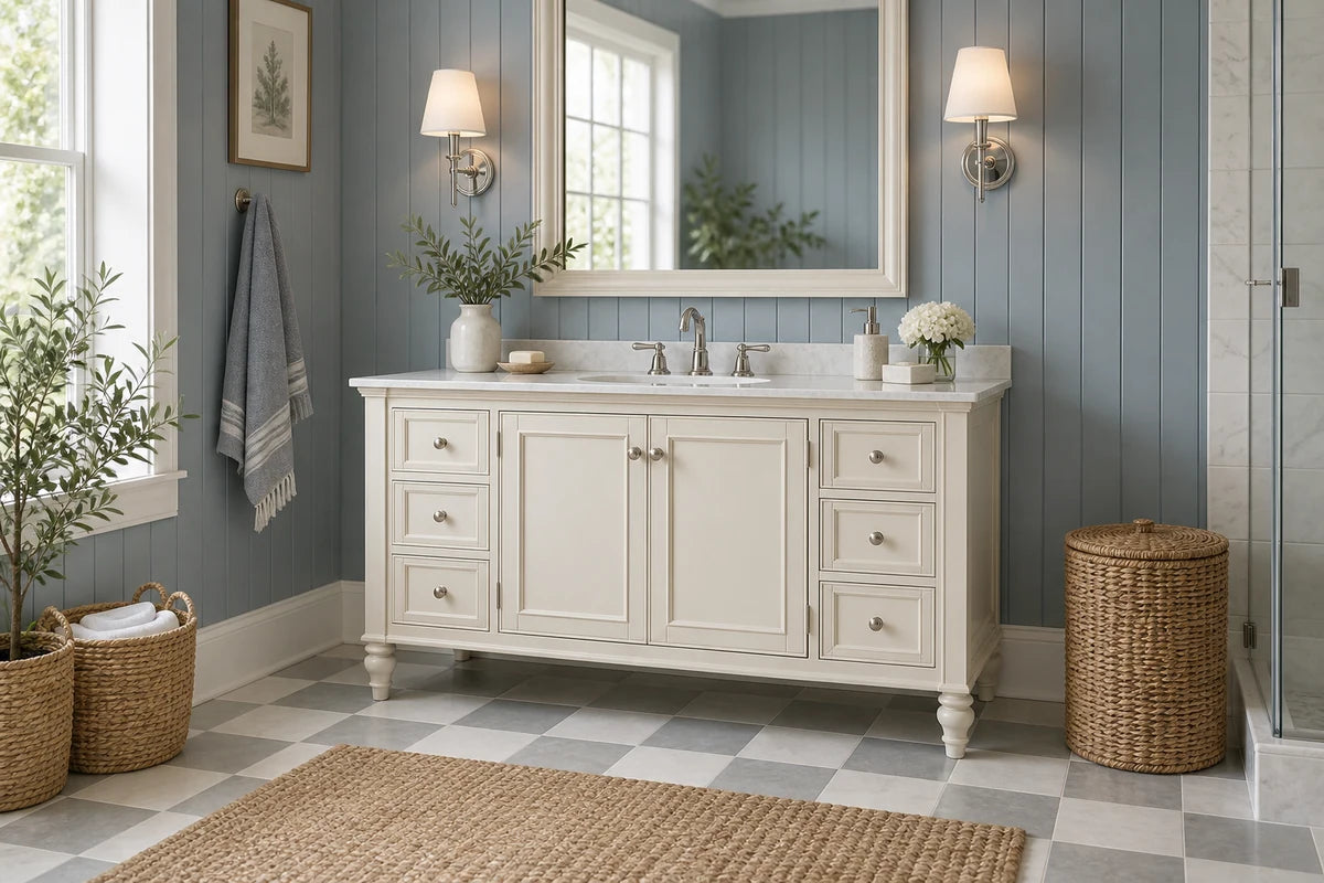 Freestanding cream bathroom vanity against blue wainscoting.