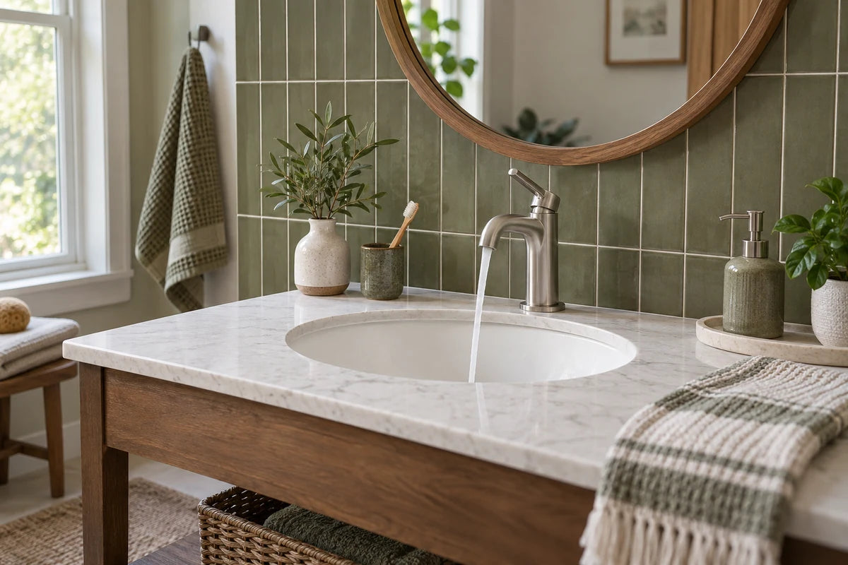 Satin nickel faucet above a white bathroom basin.