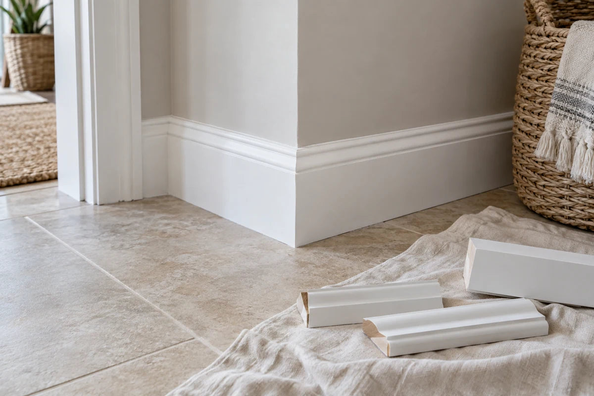 White baseboard trim and finishing pieces beside a tiled floor.